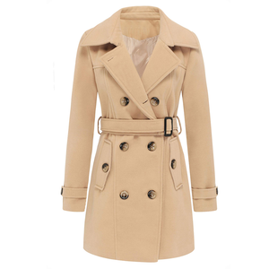 Abrigo de lana de manga larga con cuello con muescas y doble botonadura, color liso, estilo casual y holgado, para mujer. - Product Image 1