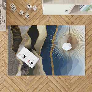 Tapis imprimé paysage : Décoration d'intérieur douce style bohème avec vue sur le soleil et les montagnes, tapis à poils doux - Product Image 2