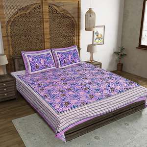 3pc Purple Cotton 240TC Jaipuri Print Double Bedsheet Set with 2 <b>Pillow</b> Covers (ADB1379) - Product Image 1