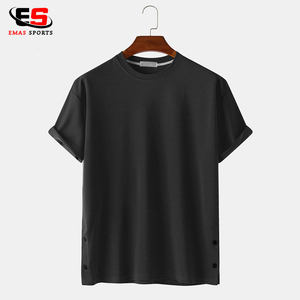 T-shirts à manches courtes en coton ample pour hommes couleur unie bouton pression latéral conception col rond style décontracté tissu en jersey teint uni - Product Image 4