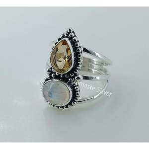 14K Gold Plated Handmade Women's <b>Statement</b> <b>Ring</b> with Natural Citrine & Rainbow Moonstone November Birthstone 925 Sterling <b>Silver</b> - Product Image 5