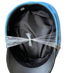 This is a pale blue real leather biker, arm, muir, <b>gay</b> cap with a black shiny peak and belt detailing - Product Image 3