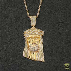 Mode 925 Argent Laiton Zircone Moissanite baguette Argent Plaqué Grand Religieux Jésus Tête Collier Pendentifs pour Homme - Product Image 5