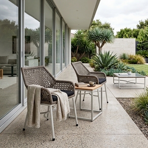 Grey Woven Outdoor <b>Armchair</b> White Aluminium Frame Synthetic Ropes Cushion <b>Dining</b> Chair Patio Setup Art Design Decor - Product Image 2