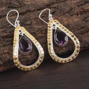 Boucles d'oreilles en améthyste faites à la main, forme de poire, argent sterling, bijoux bicolores, cadeau élégant pour femmes, design bohème - Product Image 5