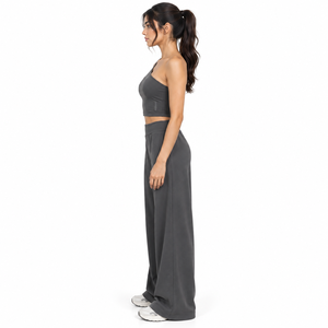 Women One Shoulder Crop Top <b>Wide</b> <b>Leg</b> <b>Pants</b> Two Piece Activewear <b>Lounge</b> Set High Waist OEM Private Label Wholesale - Product Image 3