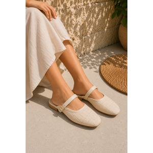 Tweed Textured Buckle for <b>Slippers</b> Cream Fluffy Soft Indoor/Outdoor <b>Summer</b> Winter Fashion Flat Upper Rubber Warm Breathable - Product Image 2