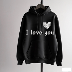 Sudadera con Capucha Unisex con Estampado de Corazón You & Me, Sudadera Informal de Algodón Negro, Tejido de Punto, Corte Regular, para Otoño - Product Image 3