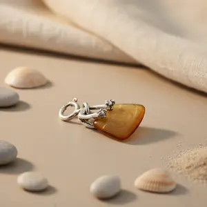 จี้ห้อยคอทำมือ ชุบโรเดียม เงินแท้ 925 ประดับอำพันและพลอยอะเมทิสต์ - Product Image 2