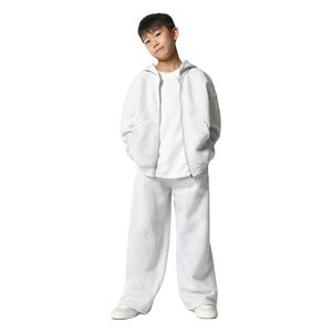 Boys Gray Cotton Tracksuit Hoodie With Zipper Full Length Pants Loose Fit Casual Jogging Suit Solid Color Autumn Wear - Product Image 1