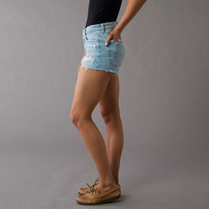 Pantalones cortos de fiesta de verano azul claro para mujer, dobladillo crudo rasgado, algodón desgastado, cinturón con botones, cintura, técnicas lavadas transpirables - Product Image 5