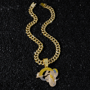 Custom Luxury Mens Los Angeles Rams <b>Silver</b> & Gold Plated Cuban Link Chain Hip Hop Full Iced Out <b>Crystal</b> Team Logo Pendant - Product Image 4