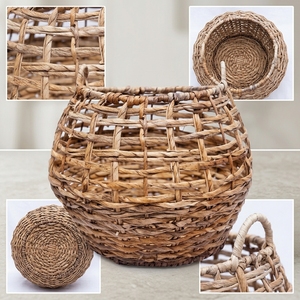 Natural Hand Woven Banana Bark <b>Storage</b> <b>Basket</b> Open Grid Knit <b>Mesh</b> Belly Pot Planter Arch Handle Pure Art Room Setup Decor Craft - Product Image 2