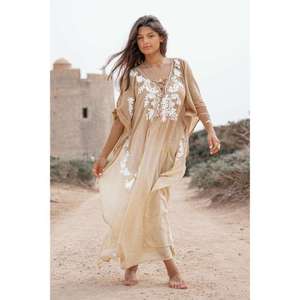 Vestido Kaftan Maxi Bordado de Color Sólido para Mujer con Cuello en V y Abertura Lateral, Estilo Bohemio para Playa y Resort, Ropa de Verano - Product Image 3