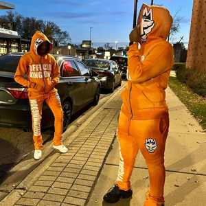 Custom Adult Graphic Streetwear <b>Men</b> Track Suit Orange Full Zip Hoodie and <b>Joggers</b> Hip Hop Style Outfit Distressed Embroidery - Product Image 3