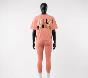 Ensemble t-shirt et legging femme en coton polyester spandex premium 230 GSM, couleur corail pêche, logo imprimé en relief - Product Image 2