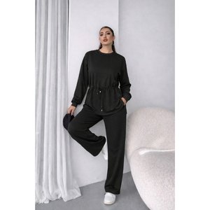 Conjunto de Dos Piezas para Mujer, Blusa de Manga Larga con Cuello Redondo y Cintura con Cordón, Viscosa de Dos Hilos, y Pantalones, 37791 - Negro - Product Image 2