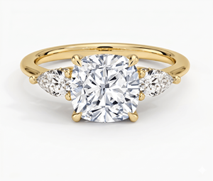 Central <b>Cushion</b> Cut Diamond Flanked By Two Pear-Shaped Side Diamond Engagement <b>Ring</b> for Women Lab Grown Diamonds - Product Image 1