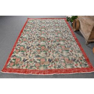 Alfombra de área de lana turca Vintage 5 pies 9 pulgadas X 9 pies 1 diseño de retazos rojo Beige para decoración para sala de estar pasillo tejido plano látex - Product Image 1