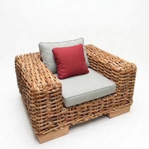 Natural Rattan Woven Outdoor Armchair Grey Cushion Red <b>Throw</b> Pillow Single Lounge <b>Chair</b> Setup Decor Pure Art Design - Product Image 1