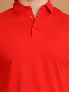 เสื้อโปโลแขนสั้นสำหรับผู้ชาย, เสื้อโปโลผ้าฝ้าย100% ระบายอากาศได้พิมพ์ลายย้อมสีเรียบ2025สีแดง - Product Image 3