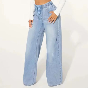 Female Lace Trim Light Blue Washed Jeans Loose Fitting Trousers Double Knee Patch Wide Leg Baggy Jeans - Product Image 4