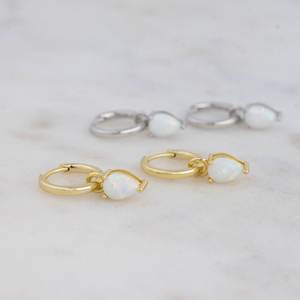 Opal <b>Huggie</b> Hoop <b>Earrings</b> Dangle Drop Tear Drop Charm <b>Earrings</b> Gift For Her Elegant Opal Jewelry Stylish Hoops - Product Image 2