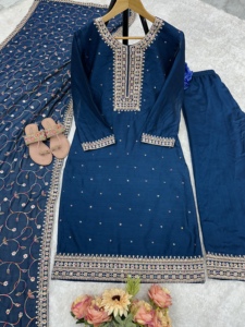 Indian Women's Ethnic Georgette <b>Silk</b> <b>Kurta</b> with Embroidered Zari Work Pent and Dupatta - Product Image 4