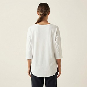 T-shirt ample et respirant à col en V uni avec manches 3/4 et ourlet arrondi 95% coton - Product Image 2