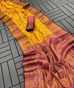 Kanchipuram, nuevo diseñador, los saris de seda suave más hermosos con una pieza de blusa sin costuras para saris de seda femeninos indios alfanumero - Product Image 3