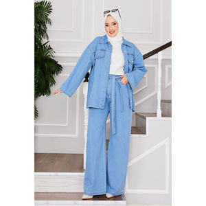 Conjunto de Pantalones y Chaqueta Vaquera Azul Claro, Estilo Modesto, con Cinturón de Encaje, Estampado Casual, Estilo Vintage para Vacaciones de Primavera/Verano - Product Image 3