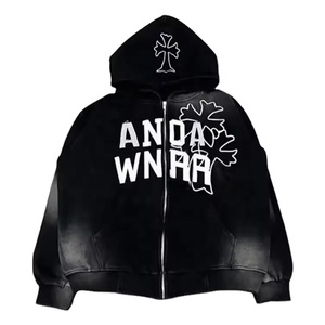 Custom Embroidery Logo Distressed Men Hoodie <b>Vintage</b> Acid Heavyweight <b>Oversize</b> Pullover Sun Faded Zip Up Acid Wash Hoodie - Product Image 1