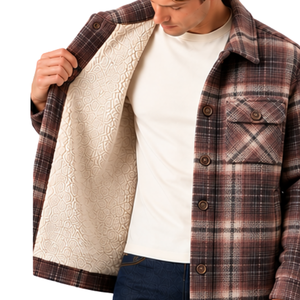 Chaqueta de Hombre Color Marrón Oxidado con Forro de Borreguito, Estilo Shacket a Cuadros, Cálida para Invierno, con Botones y Bolsillos con Solapa, Estilo Casual para Exteriores y Urbano - Product Image 3