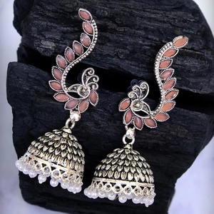 Boucles d'oreilles Jhumka de haute qualité plaquées argent oxydé rose paon Design pour femmes fournisseur indien direct en gros - Product Image 1