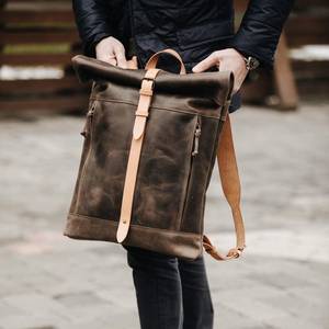 Sac à dos en cuir pour hommes Roll Top Computer Laptop Father Day Gift Everyday Pack LRTB-0064 - Product Image 1