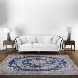 พรมอูชักสีน้ำเงินกรมท่าแบบตุรกี: พรมพิมพ์ลายชนเผ่าสีซีดจาง พรมเนื้อนุ่มแบบไม่ทอ - Product Image 2