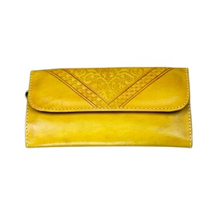 Portefeuille-pochette court pliable en cuir véritable jaune, gaufré et gravé à la main, pour usage quotidien - Product Image 1