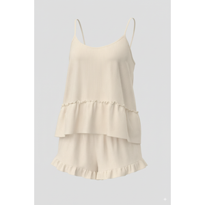 Ensemble pyjama élégant pour femme en maille côtelée avec taille élastique, ourlet à volants, débardeur et short, avec logo frontal - Product Image 1