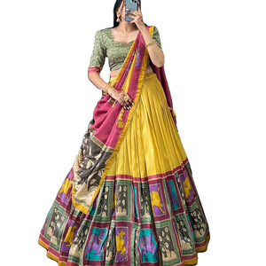 Stunning Tussar Silk Lehenga with Kalamkari With Foil Work and Printed Foil Blouse Designed for Elegance - Product Image 1