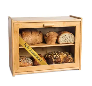 Kotak roti besar Harga Terbaik-kotak roti kayu bambu dengan jendela depan Bening-tempat sampah roti gaya pertanian untuk dapur