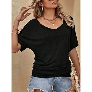 Blusa de viscosa holgada de manga corta con un solo hombro para mujer, 37136 - Negro - Product Image 3