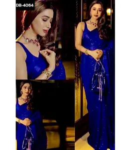 Indian Party Wear Heavy Sequence Work Georgette Saree with Lace Boder and Banglory Silk Blouse Pieces Latest Pattern Silk Saree