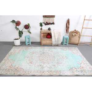 Alfombra Turca Tradicional Ecológica de 5.1x8.5 pies, Alfombra Grande de Lana con Diseño de Parches en Azul y Blanco con Base de Látex - Product Image 1