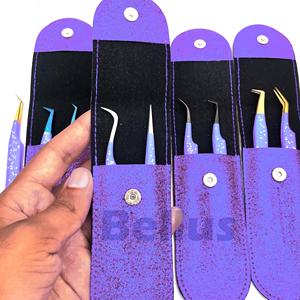 Pinzas de extensión de pestañas con 2 uds. Bolsa de almacenamiento de cuero PU Estuche de viaje púrpura Embalaje con logotipo personalizado - Product Image 1