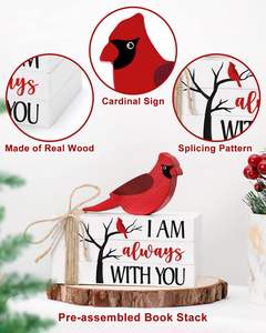 Cardinal livre en bois pile oiseau rouge noël plateau à plusieurs niveaux décor barre signe je suis toujours avec vous ferme en bois faux livres - Product Image 3