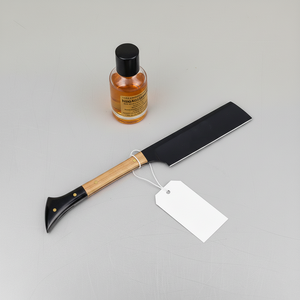 Rasoir droit industriel en acier inoxydable noir SAZ ENTERPRISES BR-02, lame à pointe clip, manche en cuir et bois, lame pleine longueur - Product Image 6