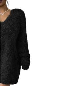 Robe pull en tricot noir personnalisée pour femmes, col en V, manches longues, douce et moelleuse, chaude pour l'hiver, mode, OEM, vente en gros, sur mesure - Product Image 4