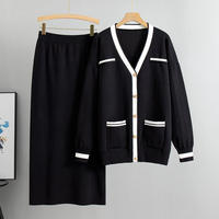 Ensemble 2 pièces en tricot chaud pour femmes, motif uni, cardigan mi-long et jupe en maille