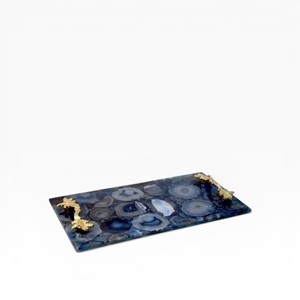 Rectangular Neutral Natural Agate Stone <b>Serving</b> <b>Tray</b> with Soft Crystal Texture and Classic <b>Gold</b> Metal Handles - Product Image 5