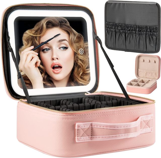 Makeup Travel Train Case With Mirror LED Light 3 Adjustable Brightness Cosmetic Bag Portable Storage Adjustable Partition Bag